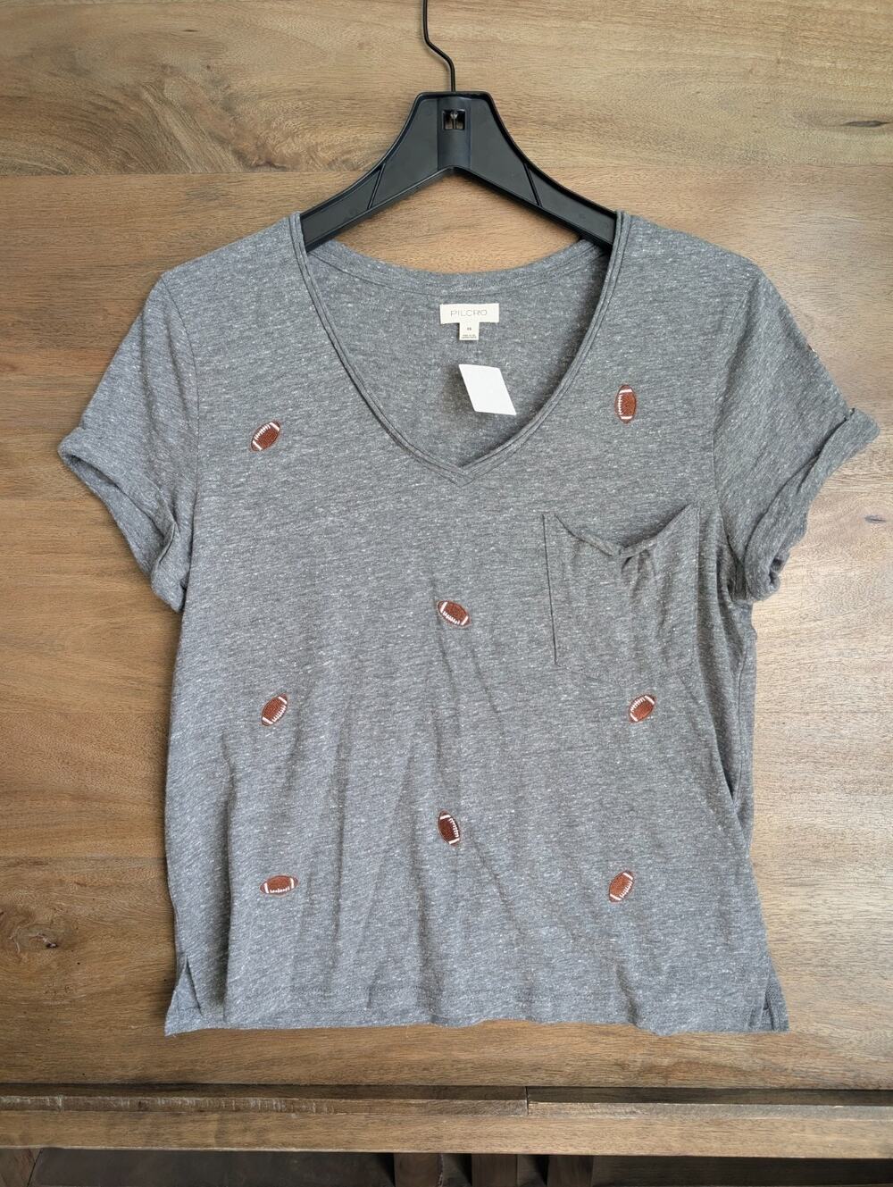 NWT Pilcro T-Shirt Womens XS Gray Football Embroidered Short Sleeve V-Neck Tee
